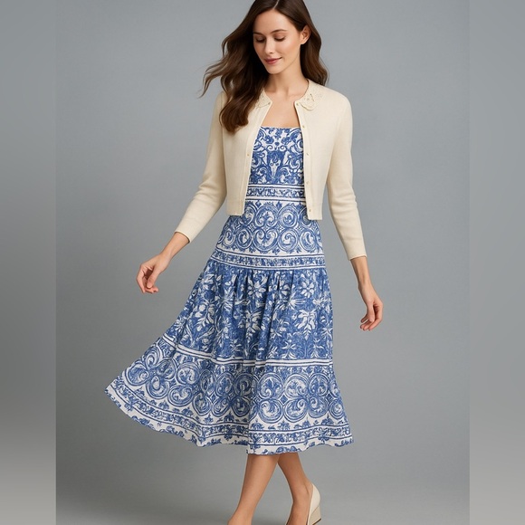 ANTONIO MELANI Dresses & Skirts - Antonio Melani,Stunning Blue & White Iconic Majolica Print Midi Dress EUC Size 2